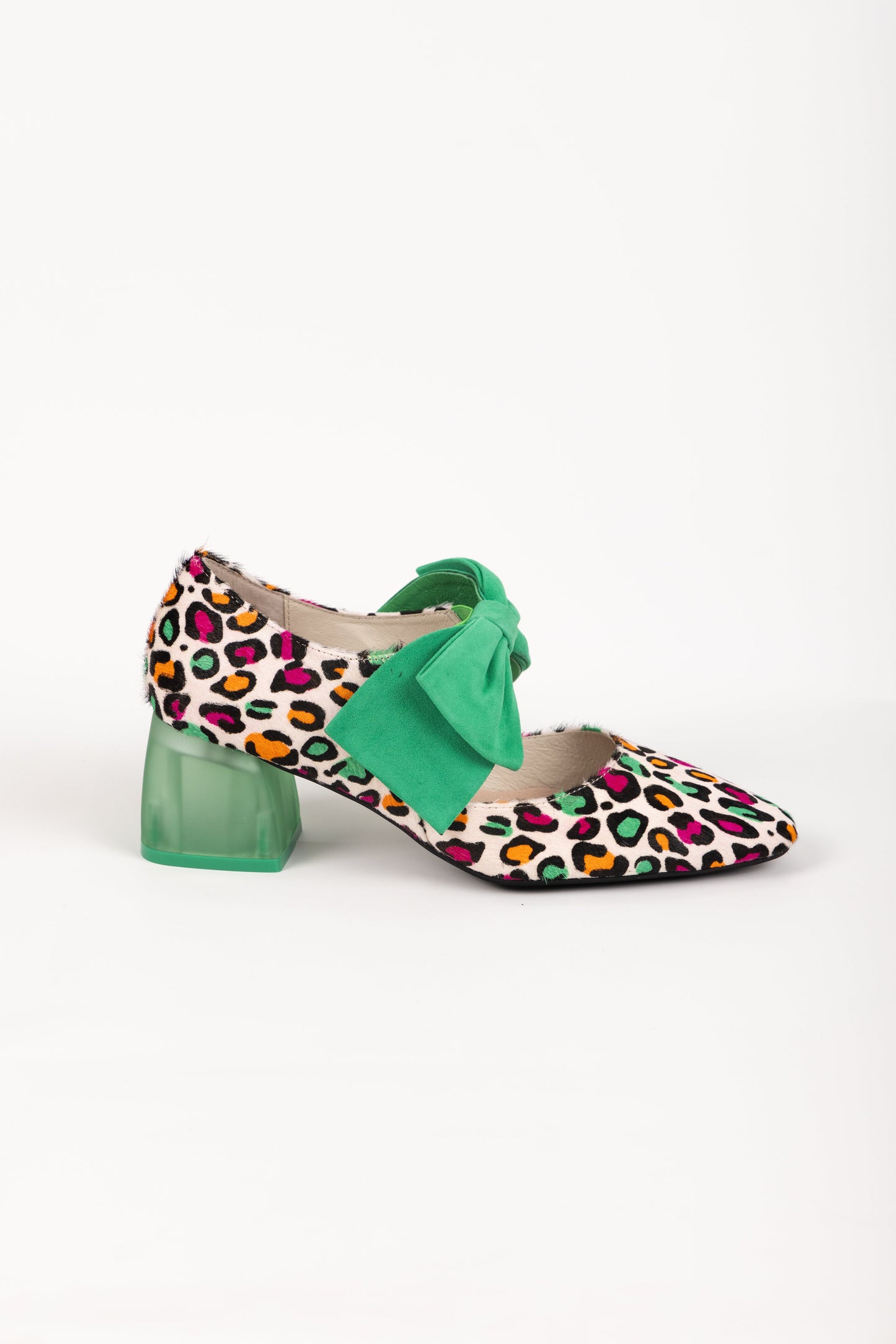 MISHA HEEL BRIGHT LEOPARD EMERALD SUEDE